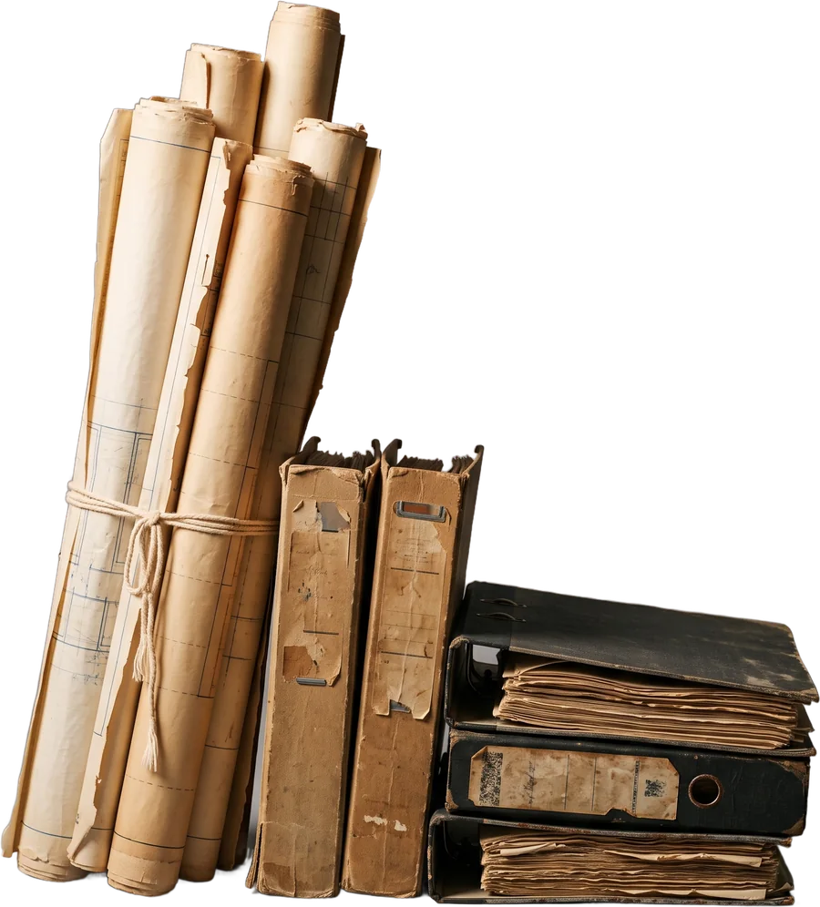 Gerollte Bauzeichnungen, Archivmappen und Aktenordner